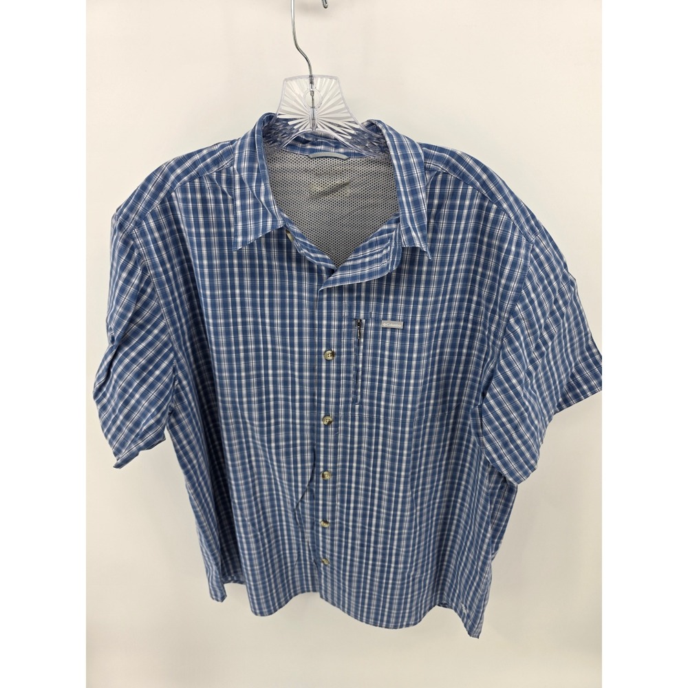 Columbia PFG Mens Blue White Plaid Short Sleeve Ventilated Fishing Shirt XL